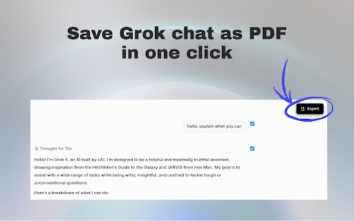Grok to PDF, Docx, Markdown exporter screenshot