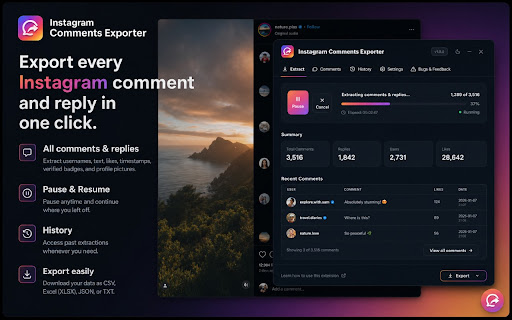 Instagram Comments Exporter: Export comments to CSV, JSON, XLSX, or TXT screenshot