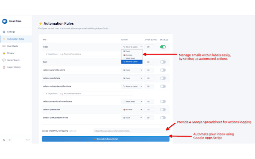 Gmail Labels and Search Queries as Tabs screenshot