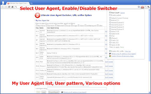 User Agent Switcher, URL sniffer screenshot
