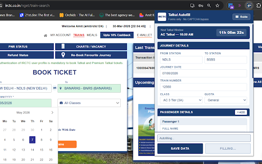 IRCTC Tatkal Autofill Assistant screenshot