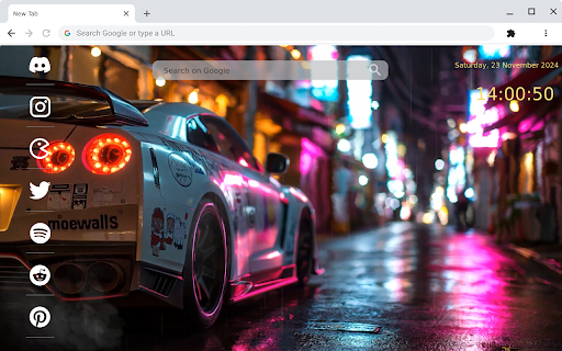 A live wallpaper of the Nissan GTR R35 surrounded by neon lights. screenshot