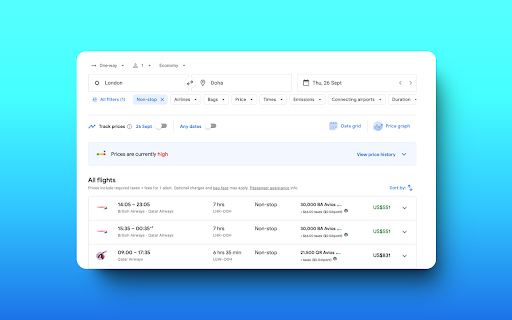 Award Travel Finder - Points & Miles on Google Flights screenshot