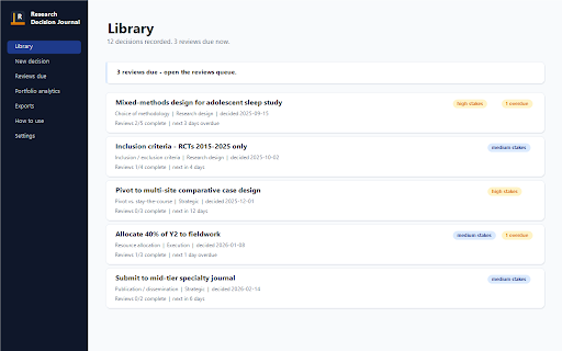 Research Decision Journal screenshot