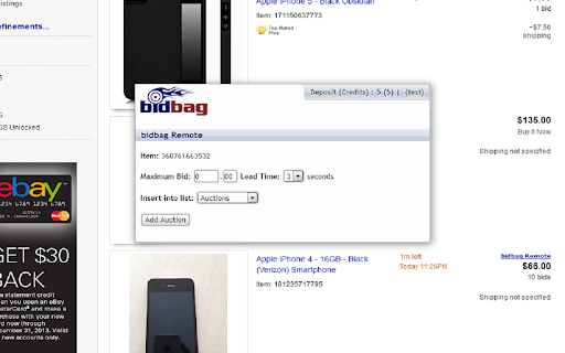 bidbag Remote - eBay sniper screenshot
