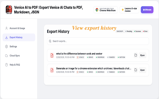 Venice AI to PDF: Export Venice AI Chats to PDF, Markdown, JSON screenshot