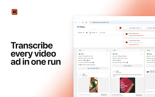 AdScoop - Download, Transcribe & Export Data | Facebook Ad Library screenshot