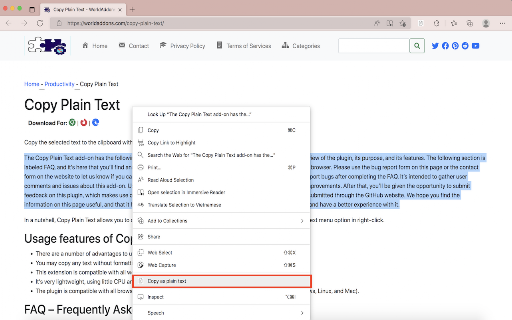 Copy Plain Text screenshot