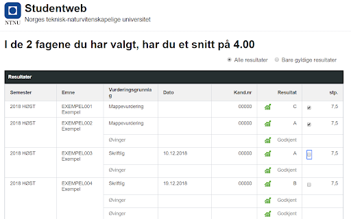 Utregning av karaktersnitt for studentweb screenshot
