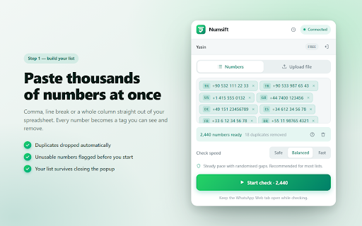 Numsift — Bulk WhatsApp Number Checker & Validator | Export to Excel screenshot