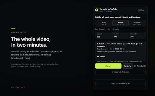 Transcript for YouTube: copy, clean, AI-ready text screenshot