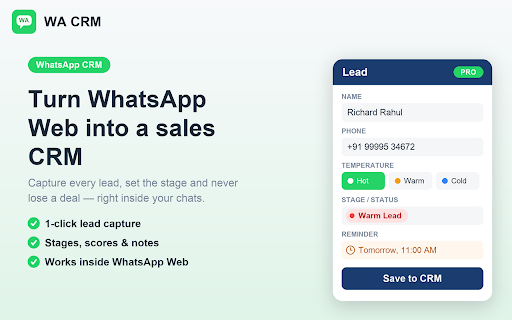 WA CRM — Lead Manager & CRM for WhatsApp Web screenshot