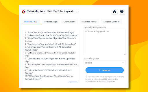 Free AI Youtube Video Tags Generator TubeAide screenshot