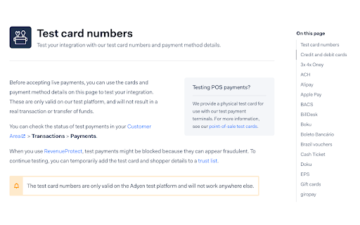 Adyen Test Cards screenshot