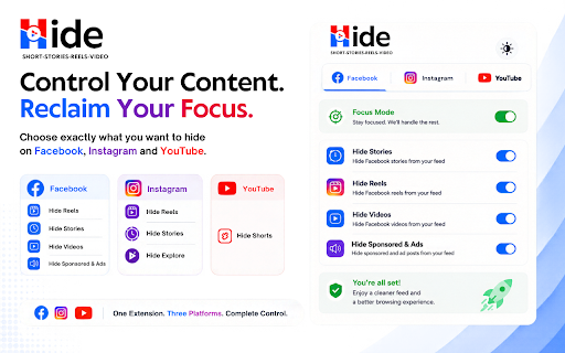 Hide Shorts, Reels, Stories & Sponsored – YouTube, Facebook & Instagram screenshot