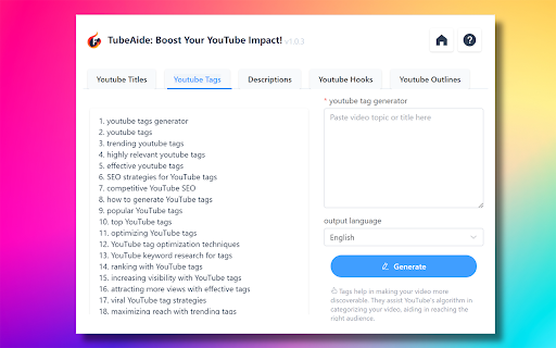 Free AI Youtube Video Tags Generator TubeAide screenshot