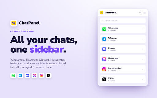 ChatPanel: Multi-Account Sidebar for WhatsApp, Telegram & Discord screenshot