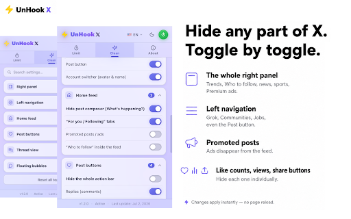 UnHook X — Clean Twitter & Post Limit screenshot