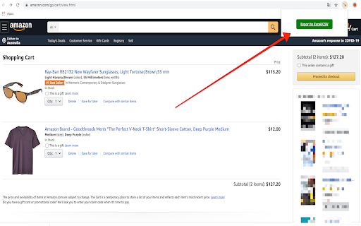 Amazon cart exporter screenshot