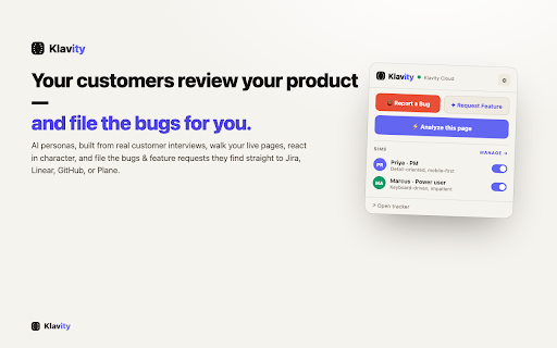 Klavity – AI Bug Reporter & Feedback for Jira, Linear, GitHub screenshot