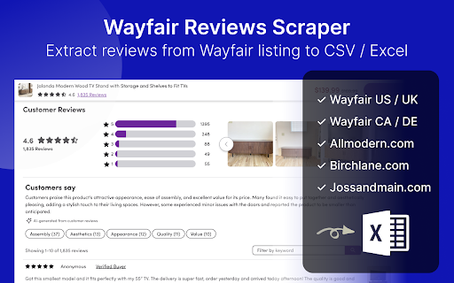 Wayfair Reviews Scraper - Export reviews to CSV/Excel/JSON screenshot