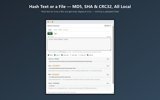 Hash & Checksum Generator: SHA-256, MD5 screenshot