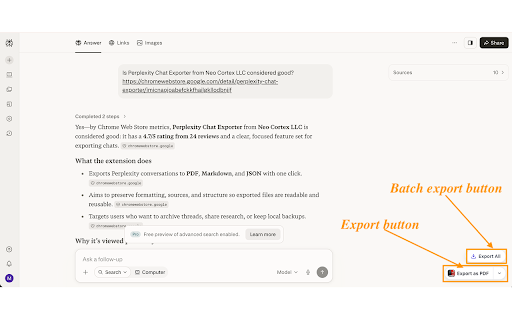 Perplexity Chat Exporter: Export Perplexity to PDF, Markdown, JSON screenshot