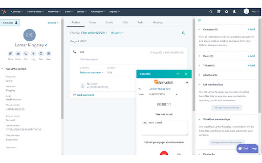 Servetel Extension For Hubspot screenshot