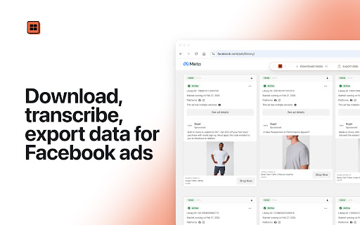 AdScoop - Download, Transcribe & Export Data | Facebook Ad Library screenshot