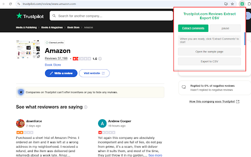 Trustpilot.com Reviews Extract Export CSV screenshot