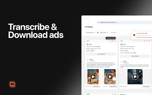 AdScoop — Save, download, transcribe from Facebook Ad Library screenshot