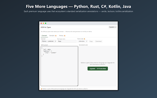 JSON to Types: TypeScript, Go, Python & Rust screenshot