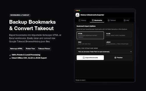 Export History & Bookmarks to JSON/CSV/XLSX/HTML screenshot