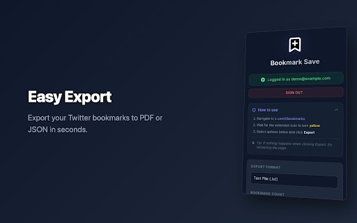 Bookmark Save: Export Twitter & X Bookmarks (PDF, CSV, MD) screenshot