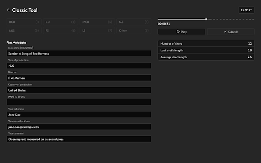 Cinemetrics Measurement Tool screenshot