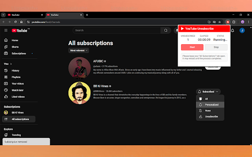YouTube Bulk Unsubscriber screenshot