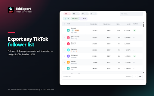 TokExport - TikTok Follower List, Following & Comment Export Tool screenshot