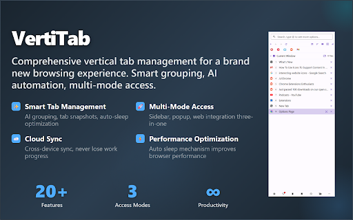 VertiTab – Vertical Tab Manager | Sessions, AI Groups & Bookmark Sync screenshot
