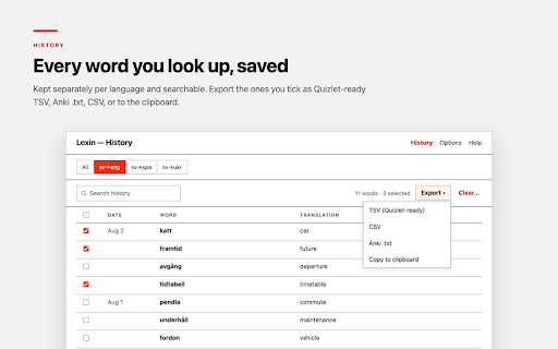 Lexin dictionary screenshot
