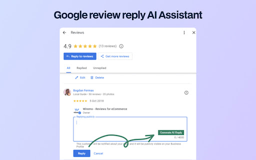 Google review reply AI Assistant screenshot