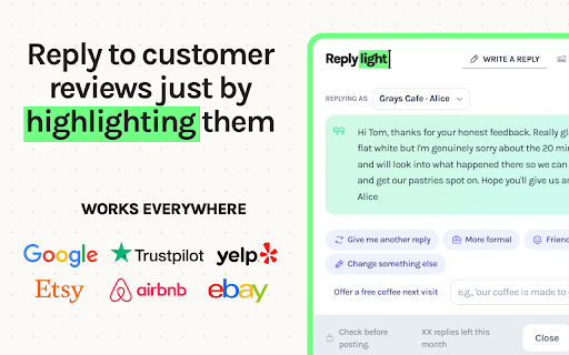 Replylight - Reply to reviews just by highlighting them (AI) screenshot