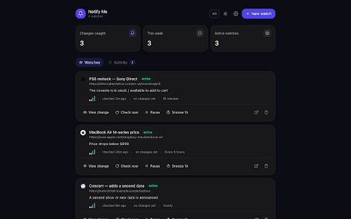 Notify Me — watch any page in plain English screenshot