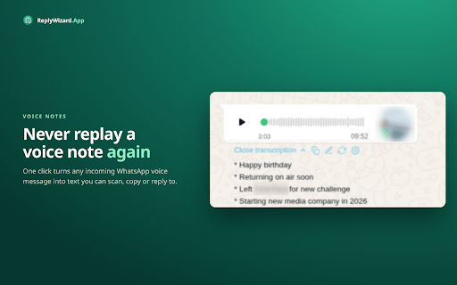 Reply Wizard for WhatsApp: AI Replies, Voice to Text & Summaries screenshot