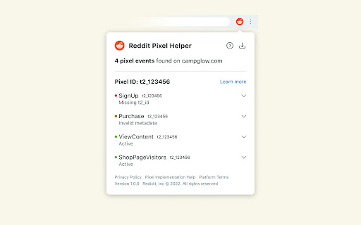 Reddit Pixel Helper screenshot