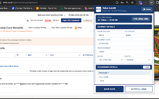 IRCTC Tatkal Autofill Assistant screenshot