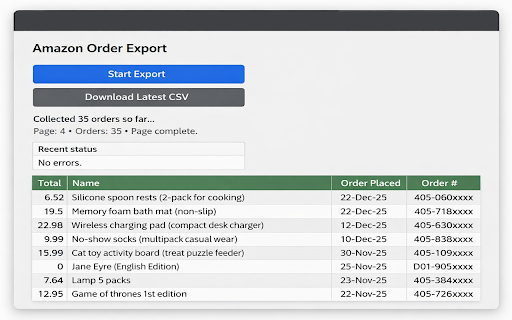Amazon Order History Exporter screenshot