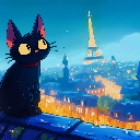 Black cat paris night rooftop icon