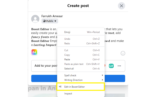 Boost Editor -Right Click in SM Post Text Box screenshot