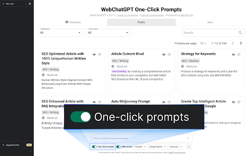 WebChatGPT: Prompt library with web access screenshot