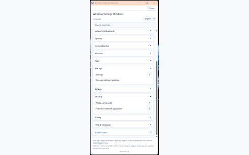 Windows Settings Shortcuts screenshot